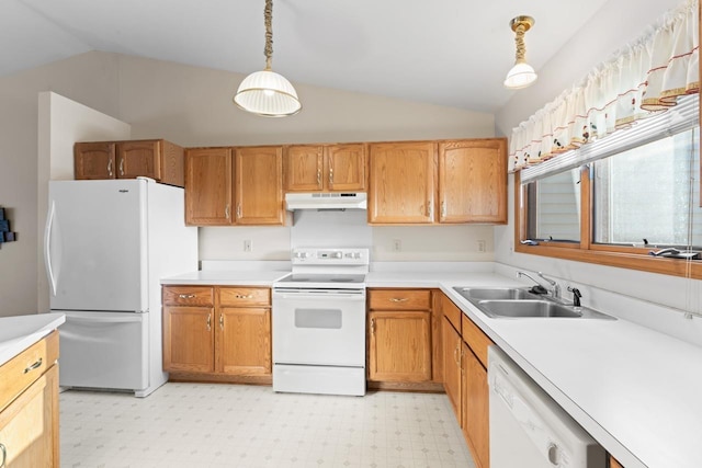 kitchen with vaulted ceiling, sink, white appliances, and decorative light fixtures