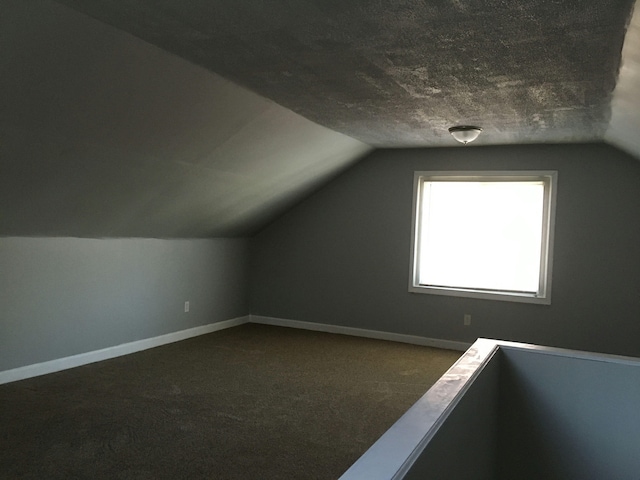 bonus room featuring vaulted ceiling, a textured ceiling, and carpet flooring