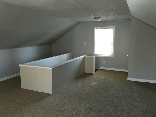 additional living space with dark colored carpet, lofted ceiling, and a textured ceiling