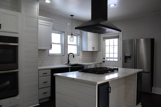 kitchen with sink, a center island, island range hood, black appliances, and white cabinets