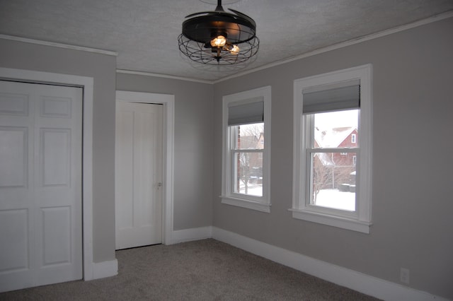 unfurnished bedroom with crown molding, carpet flooring, and a textured ceiling