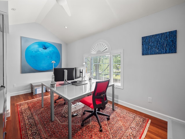 office area with lofted ceiling and wood-type flooring