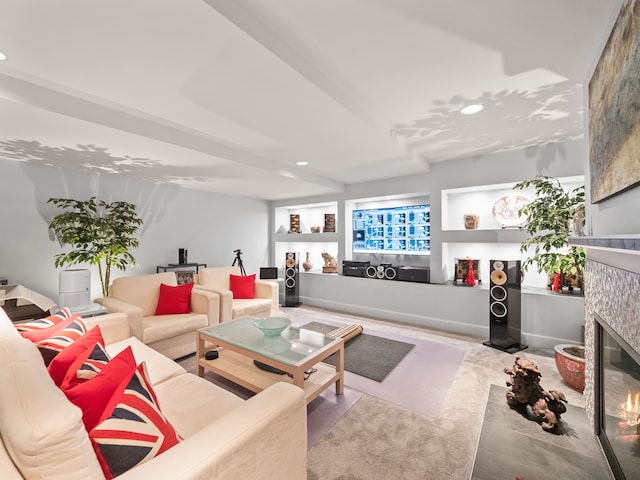 living room with a fireplace
