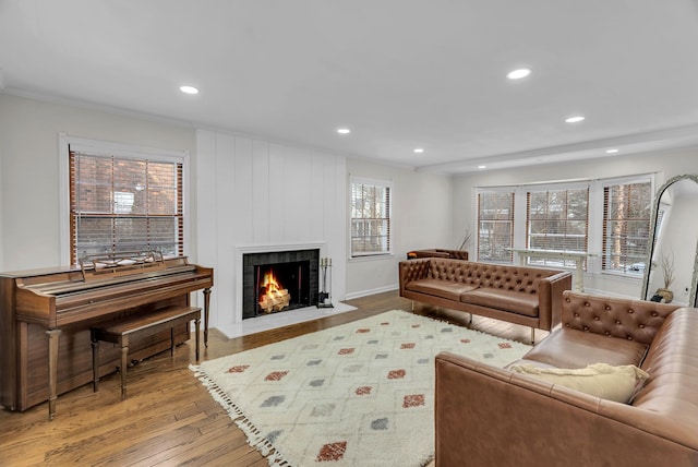 living room featuring hardwood / wood-style floors, crown molding, and a fireplace