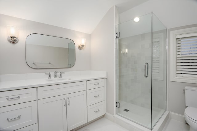 bathroom with vanity, a shower with door, toilet, and lofted ceiling