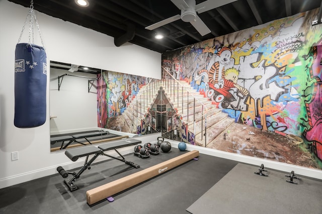 exercise area featuring ceiling fan