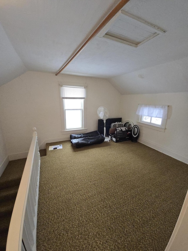 additional living space featuring carpet floors, baseboards, and vaulted ceiling