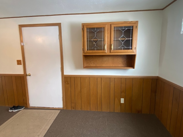 empty room with carpet and wood walls