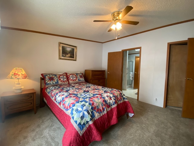 carpeted bedroom with ceiling fan, crown molding, and a textured ceiling