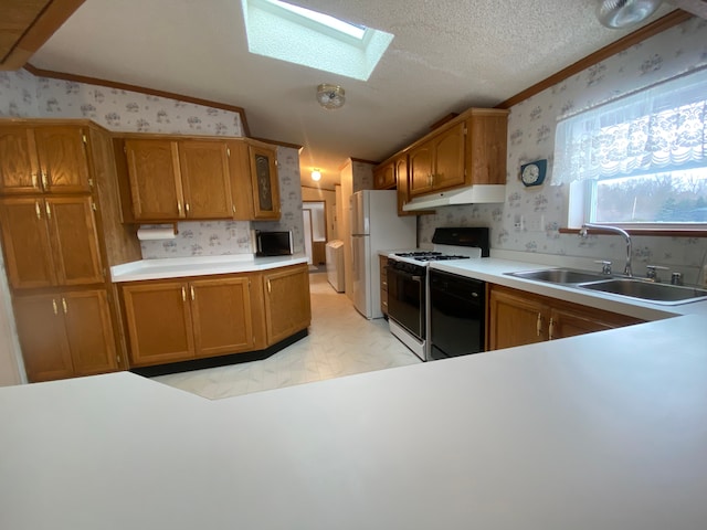 kitchen featuring a skylight, sink, black appliances, crown molding, and a textured ceiling