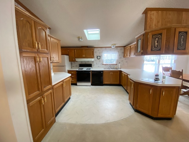 kitchen featuring a skylight, dishwasher, sink, white fridge, and range