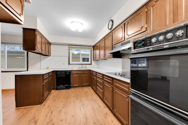 kitchen with sink, light wood-type flooring, and black appliances