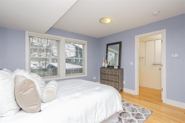 bedroom featuring wood-type flooring and a spacious closet