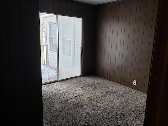 unfurnished room featuring carpet floors and wood walls