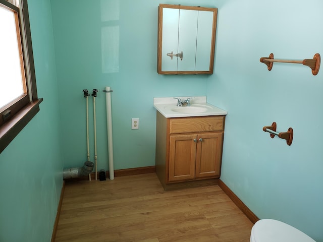 bathroom featuring vanity, wood-type flooring, and toilet