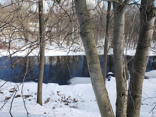 view of snow covered land with a water view