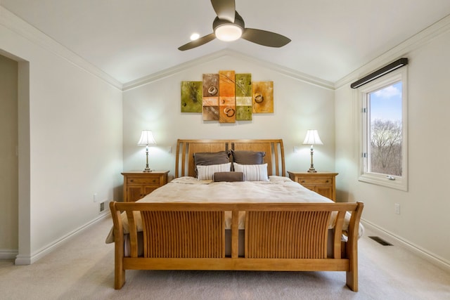 bedroom with ornamental molding, light colored carpet, visible vents, and baseboards