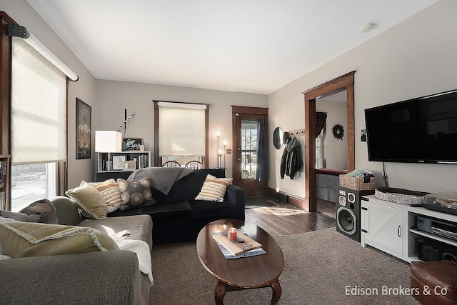 living room with dark hardwood / wood-style floors