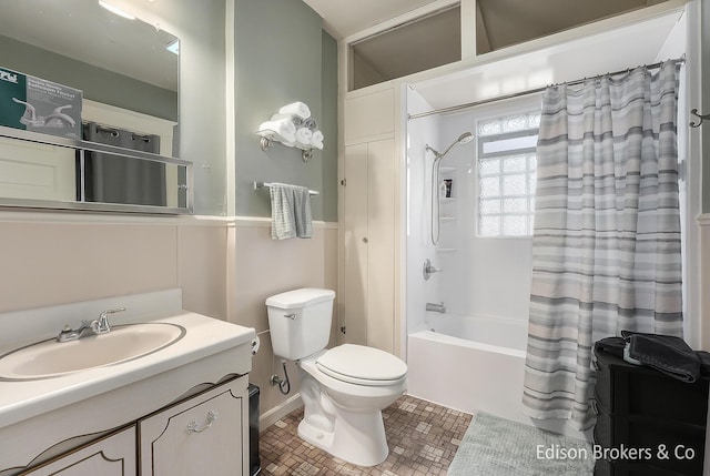 full bathroom with toilet, tile patterned floors, vanity, and shower / bathtub combination with curtain