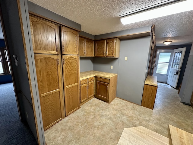 kitchen featuring light carpet and a textured ceiling