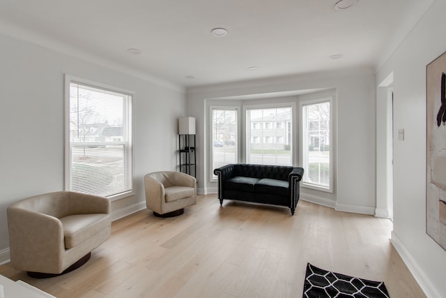 sitting room featuring crown molding and light hardwood / wood-style flooring