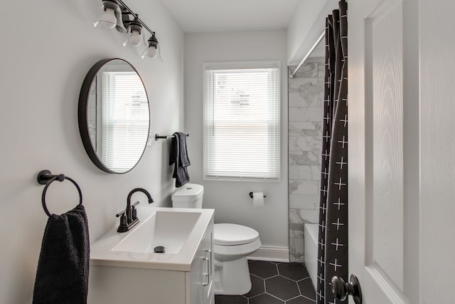 full bathroom with vanity, plenty of natural light, shower / bathtub combination with curtain, and toilet