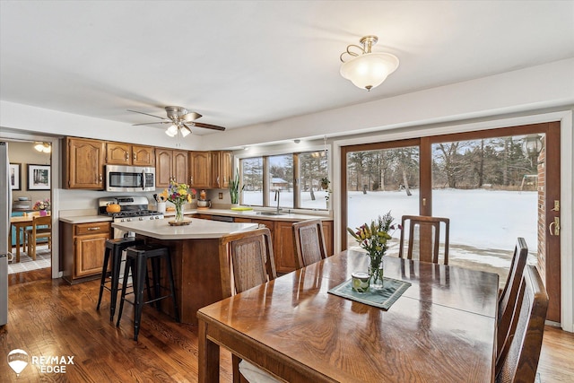 dining area featuring dark wood-type flooring, sink, and ceiling fan