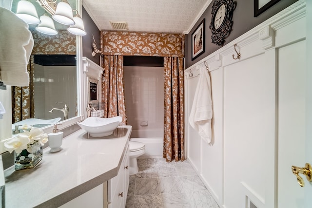 full bathroom with shower / bath combination with curtain, vanity, toilet, and a textured ceiling