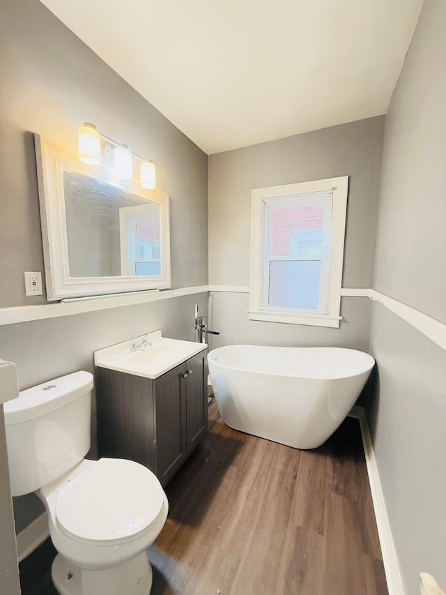 bathroom featuring vanity, hardwood / wood-style flooring, toilet, and a bathing tub