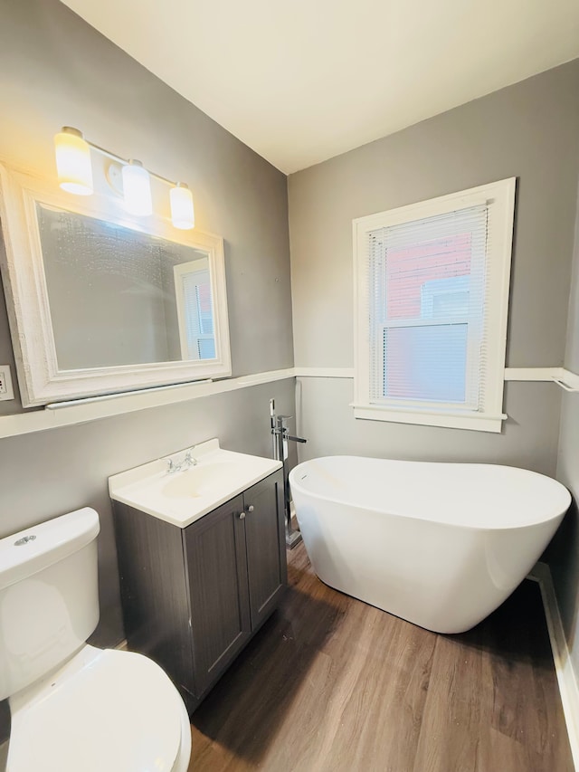 bathroom with a washtub, vanity, wood-type flooring, and toilet