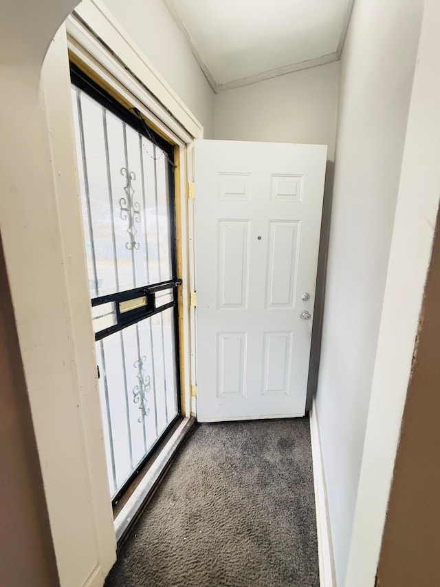 entryway featuring dark colored carpet