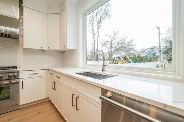 kitchen featuring wall chimney exhaust hood, appliances with stainless steel finishes, a sink, and plenty of natural light