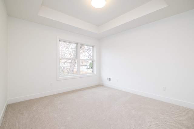 spare room with visible vents, baseboards, a raised ceiling, and light colored carpet