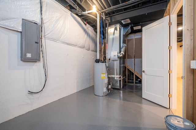 basement with electric panel and water heater