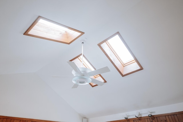 interior details with ceiling fan and a skylight