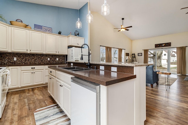 kitchen featuring white appliances, a healthy amount of sunlight, sink, and an island with sink