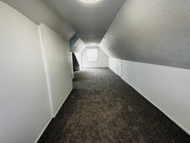 additional living space featuring dark colored carpet, lofted ceiling, and a textured ceiling