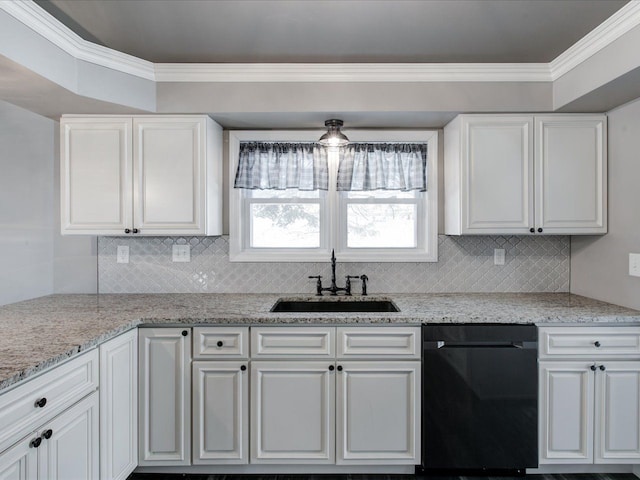 kitchen featuring dishwasher, light stone countertops, sink, and white cabinets