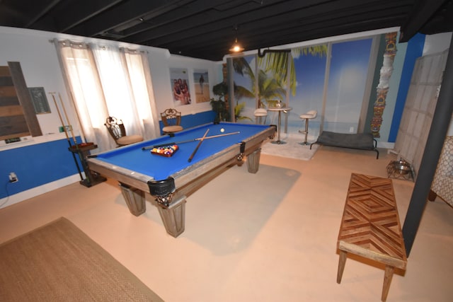 rec room with carpet floors and billiards