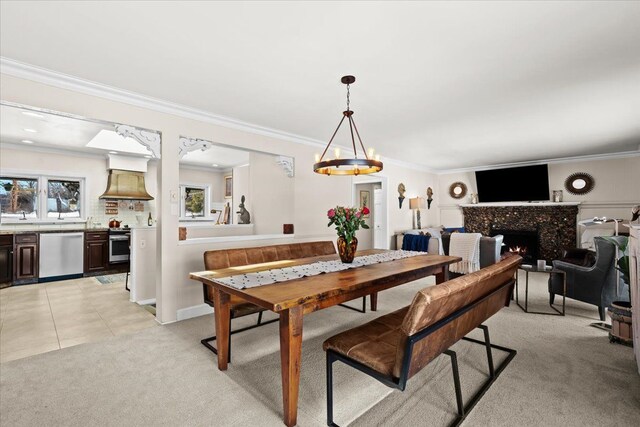 carpeted dining area with crown molding