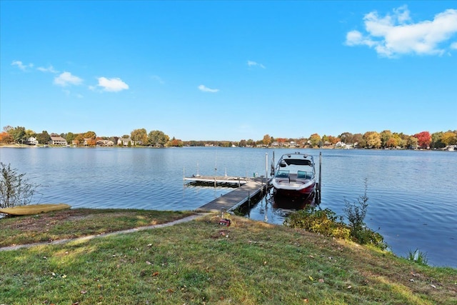 dock area featuring a water view and a yard