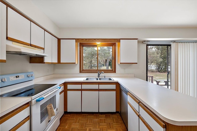 kitchen featuring dark parquet floors, white electric stove, white cabinetry, sink, and kitchen peninsula