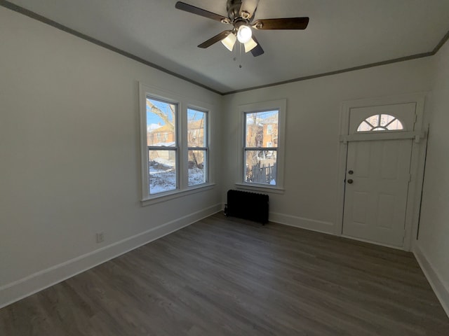 entryway with crown molding, ceiling fan, and dark wood-type flooring