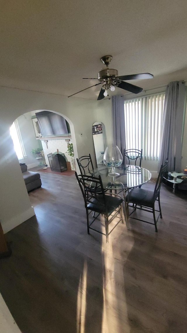 dining room featuring ceiling fan and dark hardwood / wood-style floors