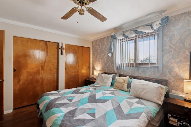 bedroom with ceiling fan, dark hardwood / wood-style flooring, and two closets