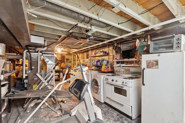 interior space with white fridge and independent washer and dryer