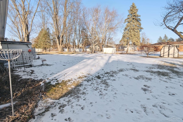 yard covered in snow with a shed