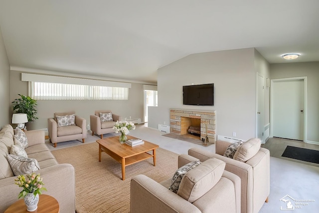 living room with lofted ceiling, a fireplace, light carpet, and a baseboard radiator