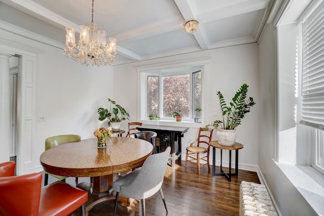 dining space with beam ceiling, coffered ceiling, a notable chandelier, and dark hardwood / wood-style flooring