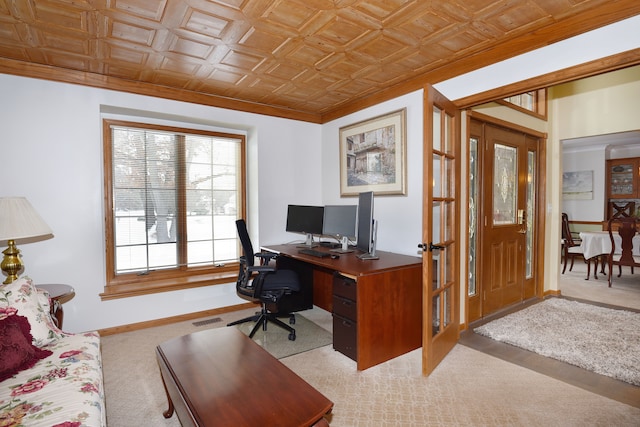 office featuring an ornate ceiling, visible vents, crown molding, and baseboards